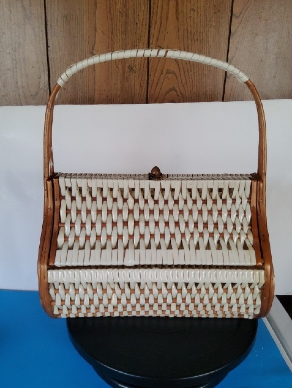 Vintage MCM woven wicker basket handbag.